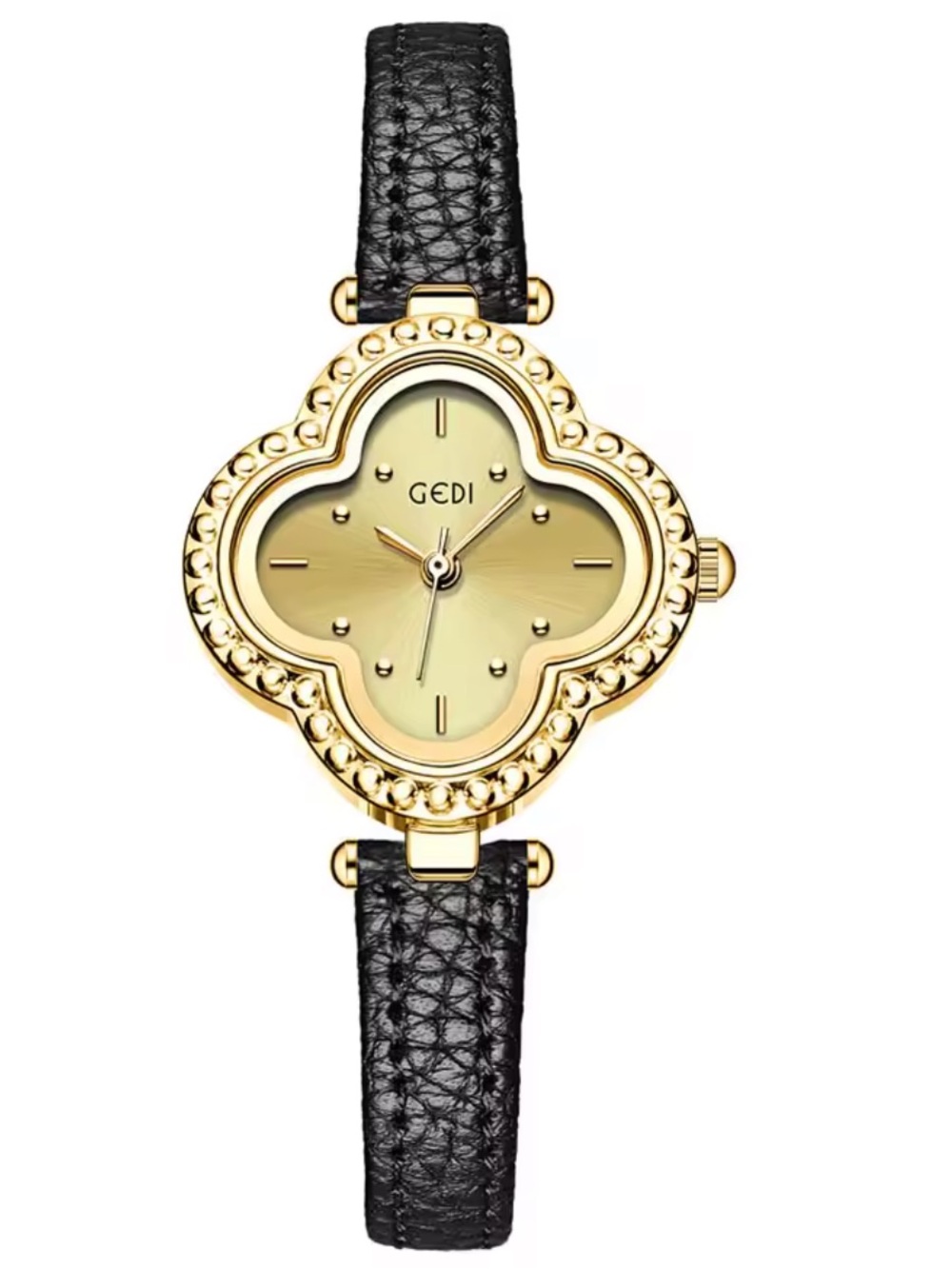 GEDI Women's Gold Clover Dial Watch with Black Leather Strap